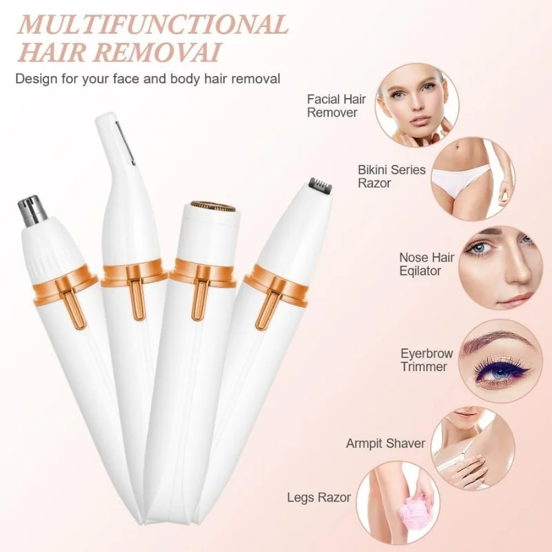 4-in-1 Electric Lady Shaver for Women | Rechargeable Cordless Hair Remover | Bikini Trimmer, Nose & Eyebrow Trimmer | For Face, Legs & Underarms