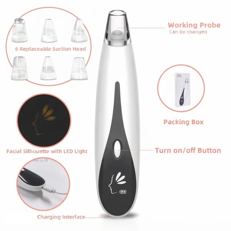 5-in-1 Blackhead Remover Machine Rechargeable | Face Vacuum Derma Suction With 5 Heads | Blackhead Removing Machine
