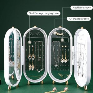 Jewellery Box Organiser with Mirror - Foldable Exquisite Dustproof Jewelry Storage Case Multi-Function Screen Shaped Metal Display Jewelry Stand for Earring - Necklace & Bracelet (Random Color)