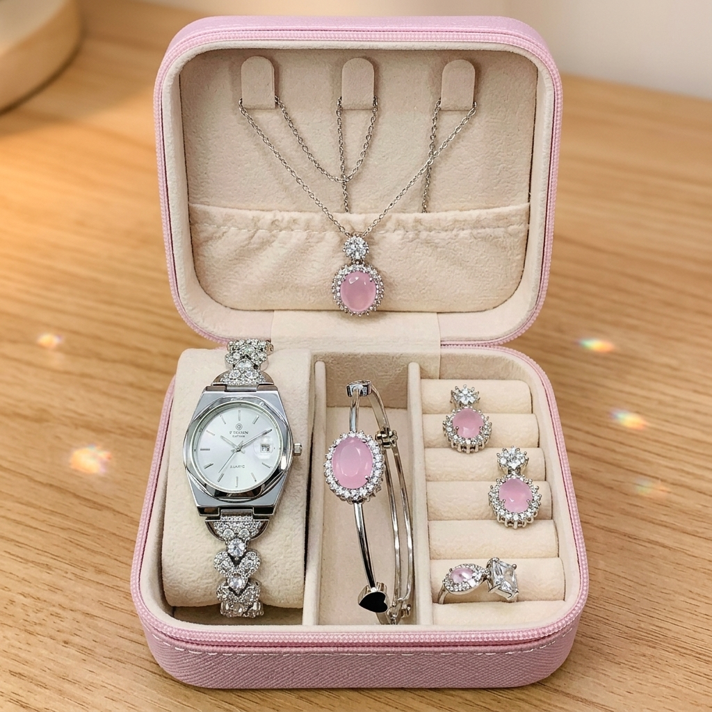Luxury Pink Stone Jewelry Gift Set With Watch Elegant Women Accessory Collection