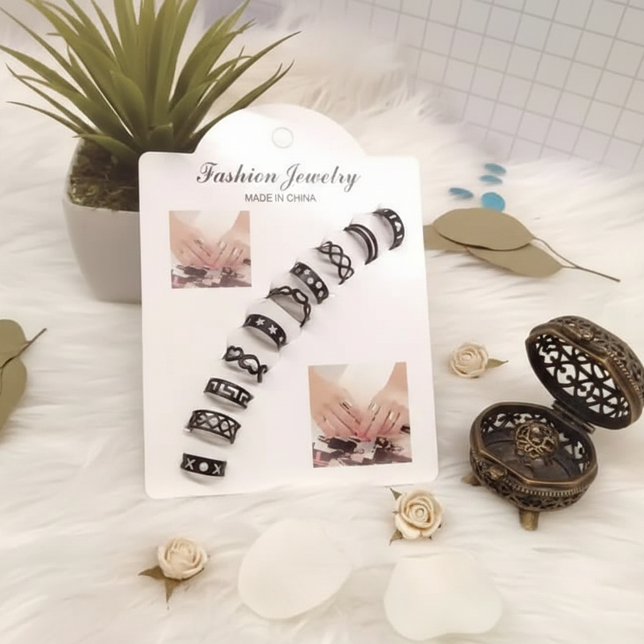 10 Pcs Adjustable Alloy Rings Set for Women & Girls – Stackable Fashion Jewelry Collection - Black